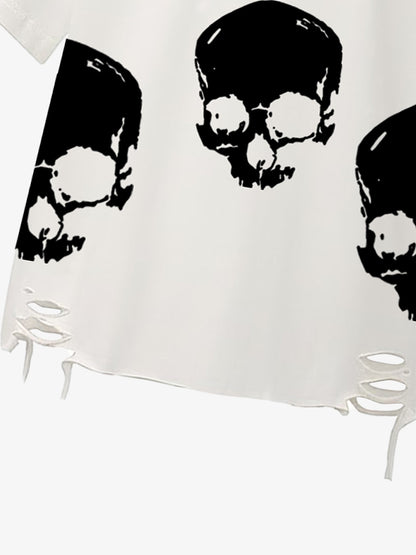 Oversized Flame Logo Skull Print T-Shirt with Distressed Hem 