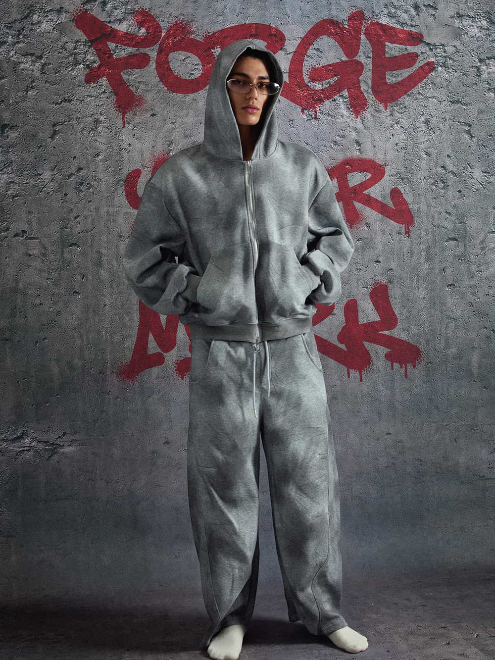 Vintage Washed Tie-Dye Zip Up Hoodie & Barrel Sweatpants Tracksuit 