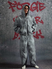 Vintage Washed Tie-Dye Zip Up Hoodie & Barrel Sweatpants Tracksuit 