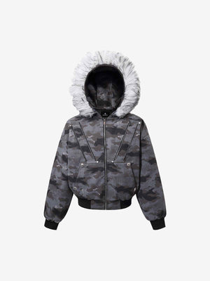Camoflage Faux Fur Collar Zip Design Bomber Jacket 