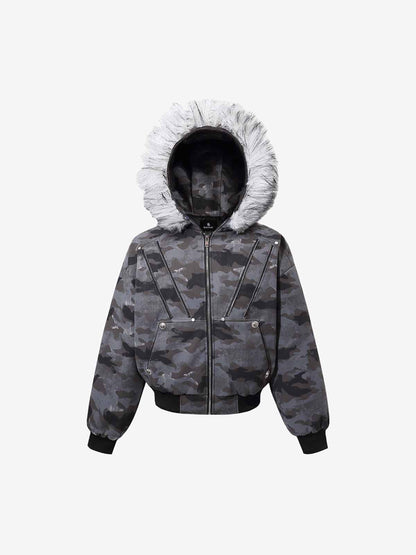 Camoflage Faux Fur Collar Zip Design Bomber Jacket 