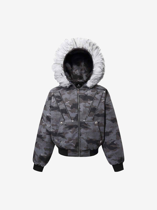 Camoflage Faux Fur Collar Zip Design Bomber Jacket 