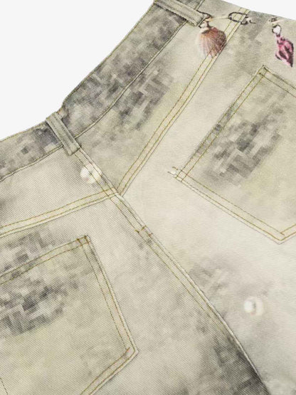 Distressed Denim Shorts with Chain Detail and Embellishments 