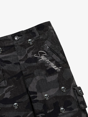 Dark Camo Cargo Pants with Skull Rivet Detail