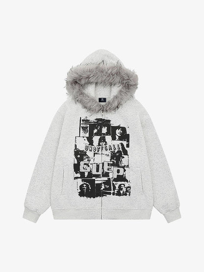 Stylish Hooded Jacket with Faux Fur Trim and Graphic Print for Casual Wear 
