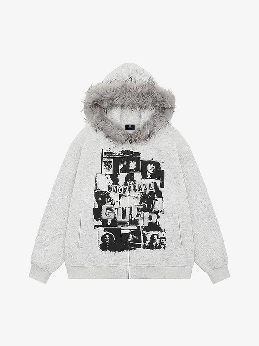 Stylish Hooded Jacket with Faux Fur Trim and Graphic Print for Casual Wear 