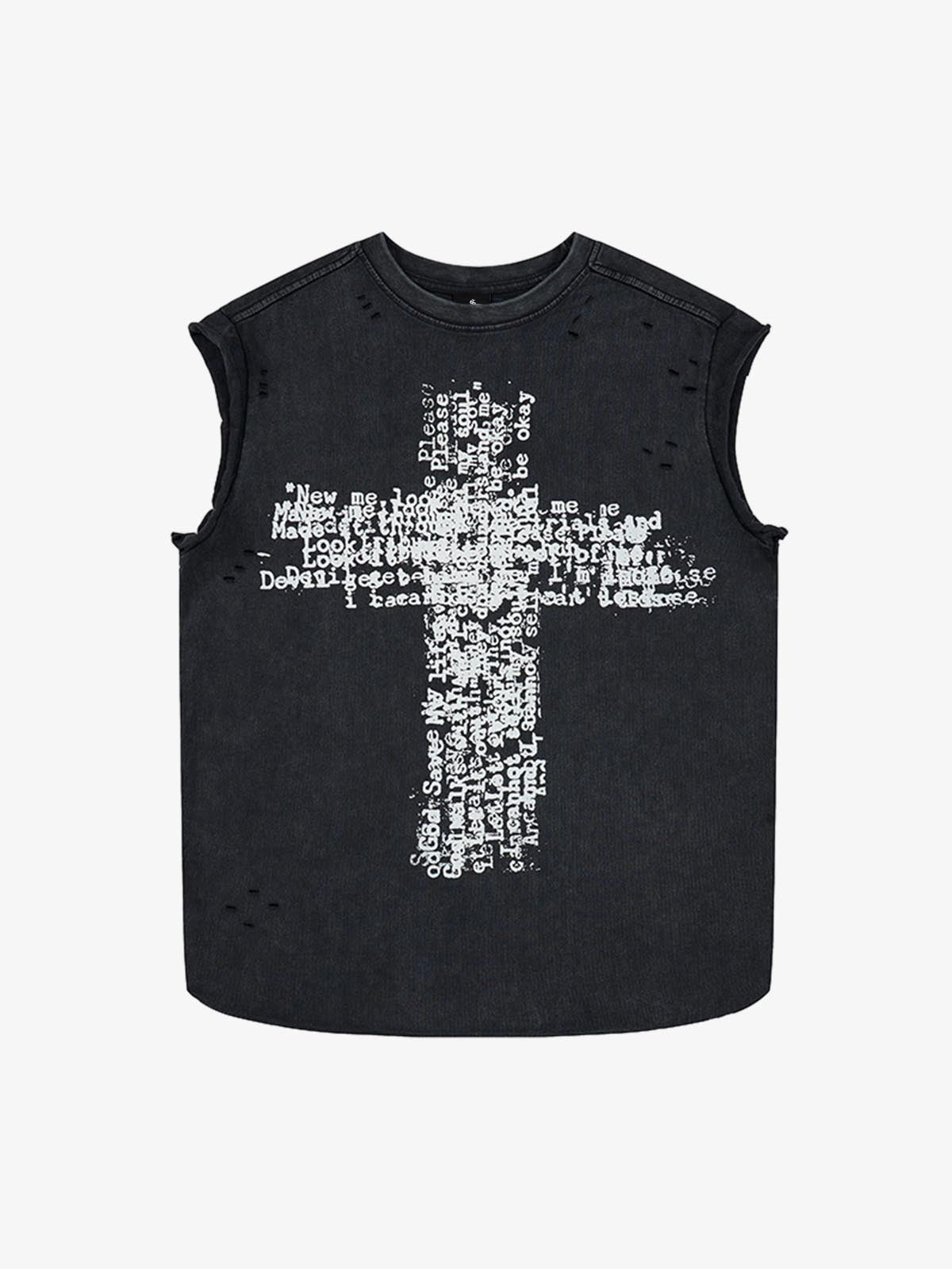 Letter Cross Graphic Distressed Tank Top