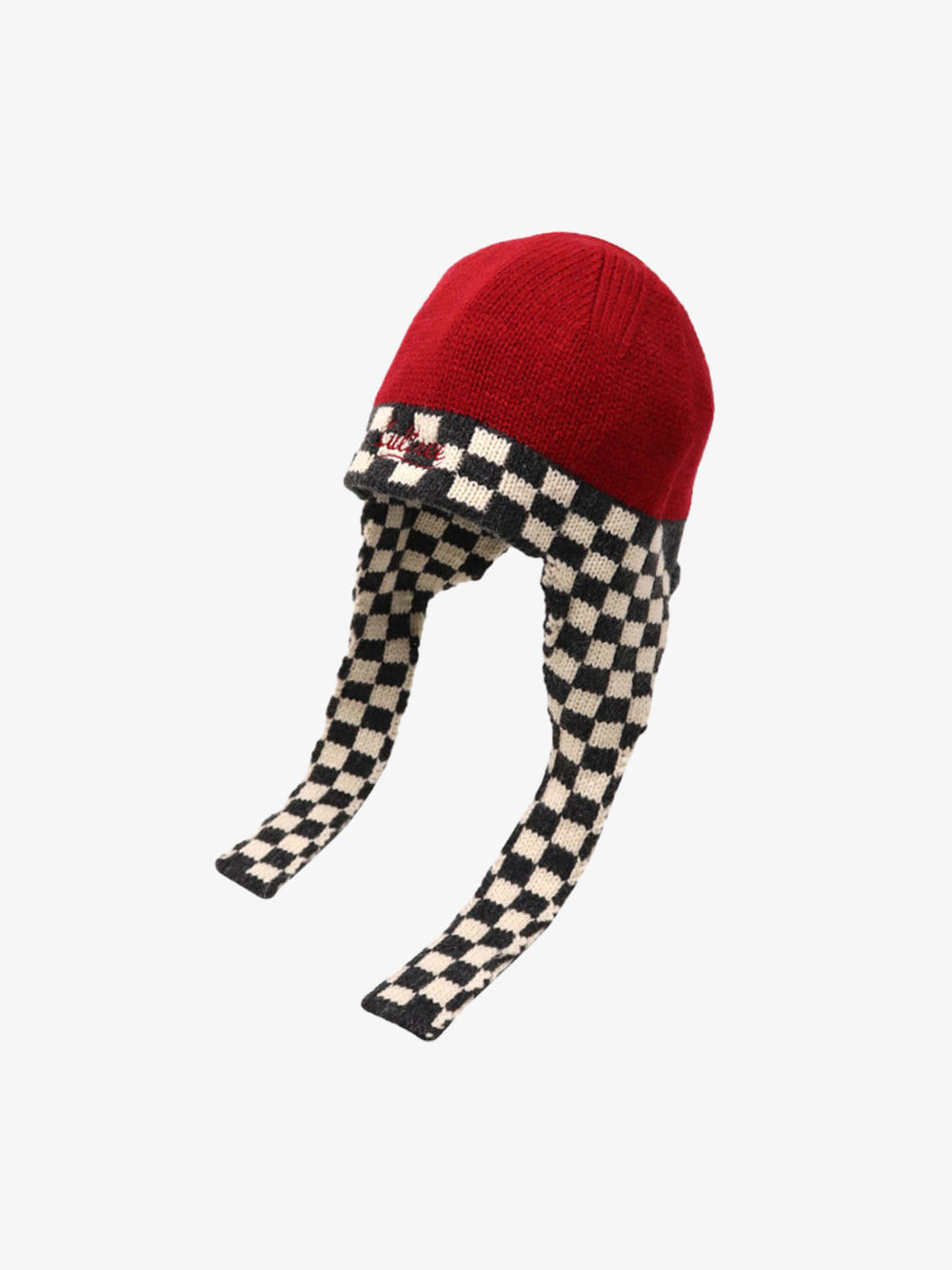 Retro Checkerboard Knit Color-Block Earflap Beanie Hat 