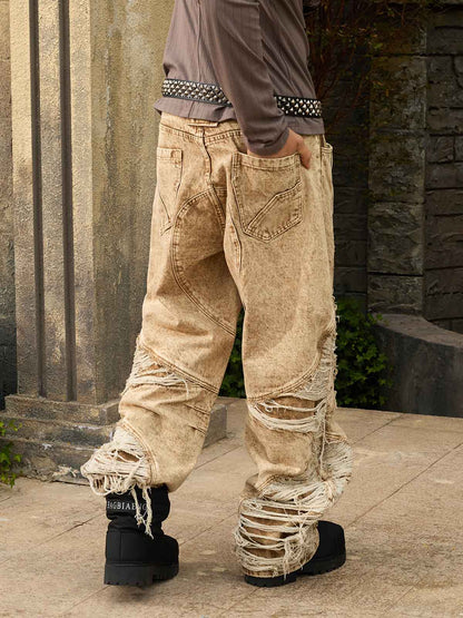 Distressed Denim Cargo Pants with Ripped Details and Patchwork Design for Men Women Fashion Streetwear 