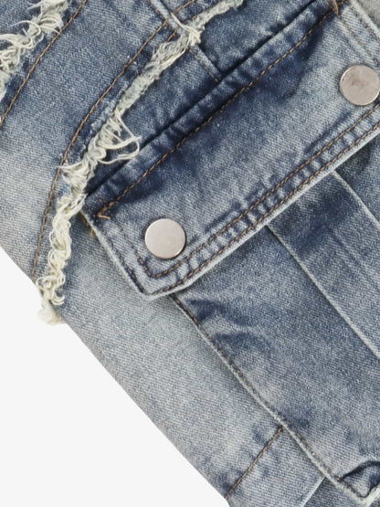 Retro Patchwork Frayed-Edge Heavy-Duty Jeans 
