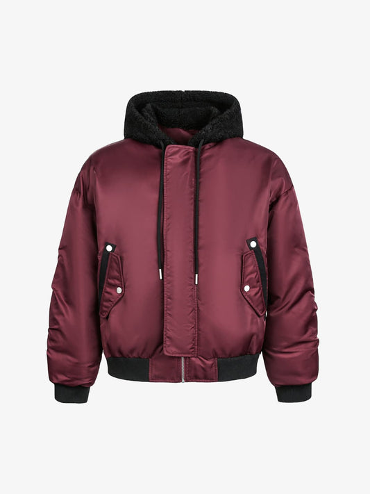 Stylish Maroon Bomber Jacket with Detachable Hood for Winter Wear 