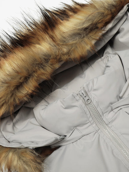 Retro Dark Print Faux Fur Collar Quilted Jacket 