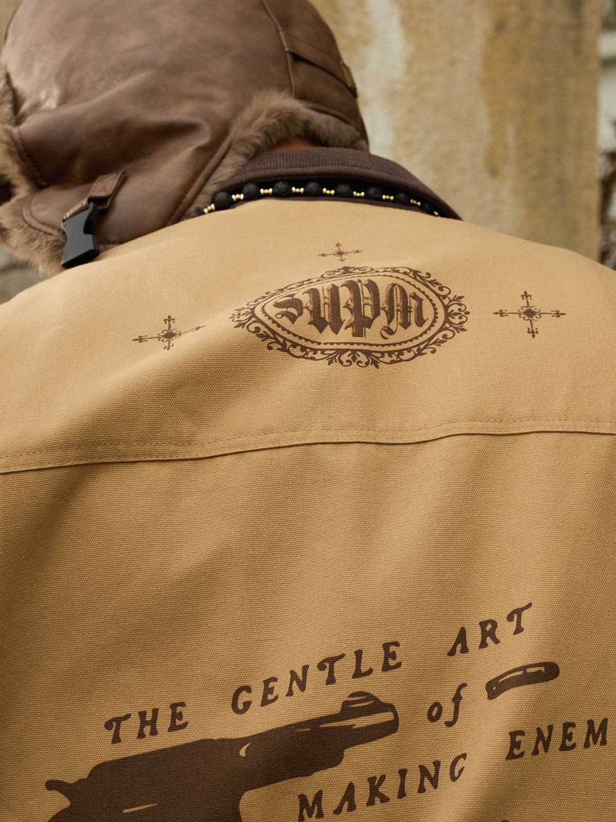Supermade “Your God Is Not Here” Slogan Print Color-Blocked Embroidered Retro Canvas Jacket 