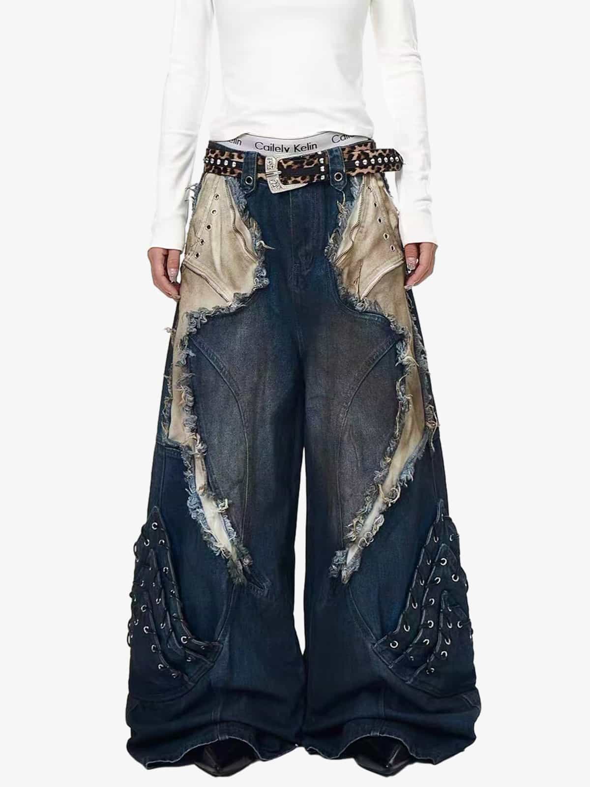 Retro Distressed Studded Heavy-Duty Functional Jeans 