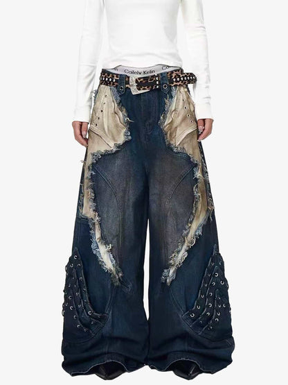 Retro Distressed Studded Heavy-Duty Functional Jeans 