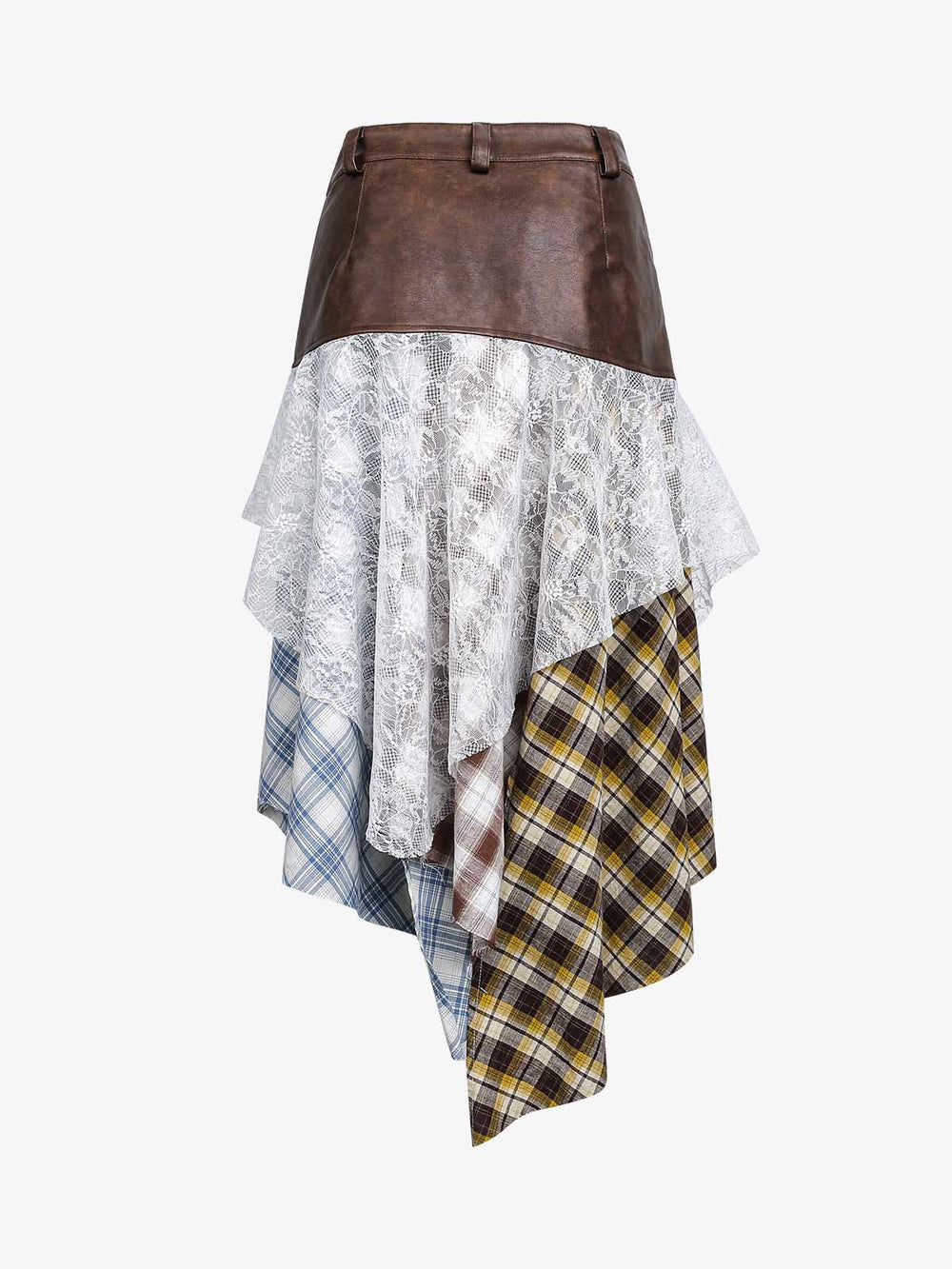 Falda de patchwork a cuadros con encaje irregular de piel sintética de Thesupermade