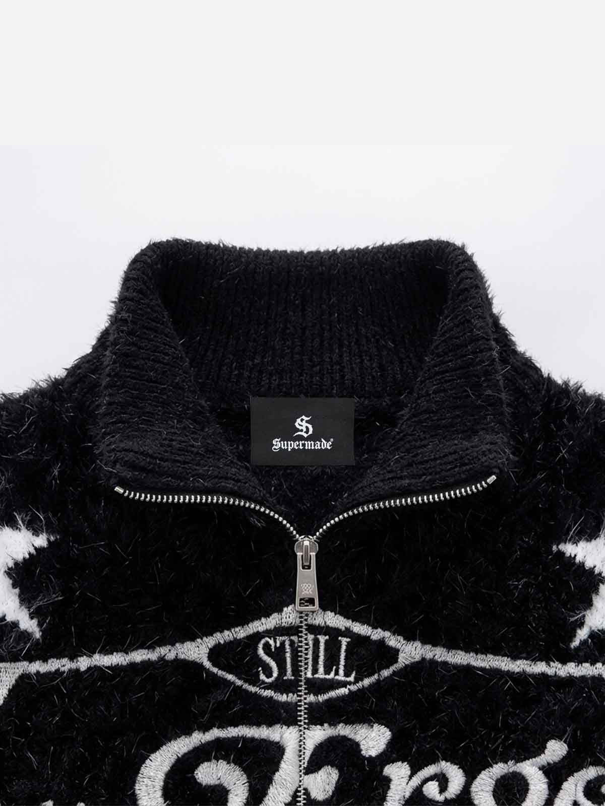 Star Stripe Embroidered Stand-Collar Zip Knit Sweater
