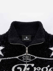 Star Stripe Embroidered Stand-Collar Zip Knit Sweater
