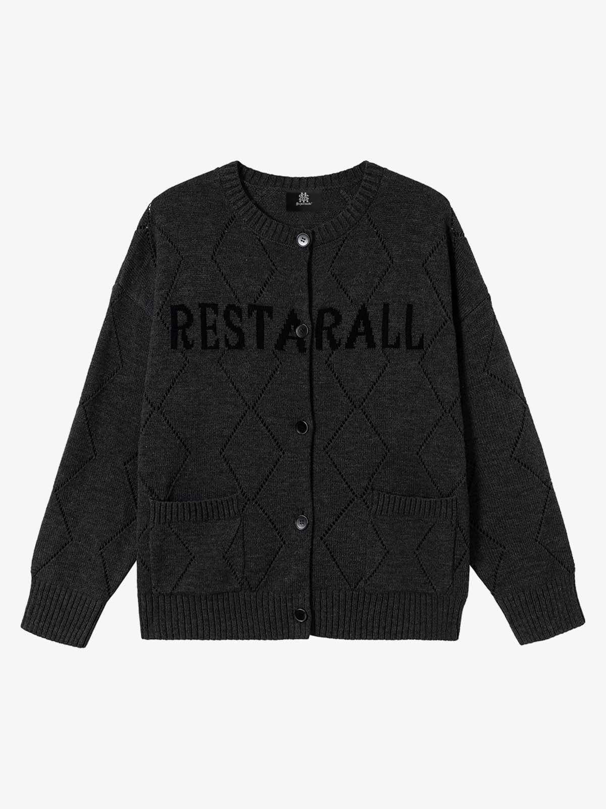 Mustard Yellow Knit Cardigan with Diamond Pattern and Bold Lettering 