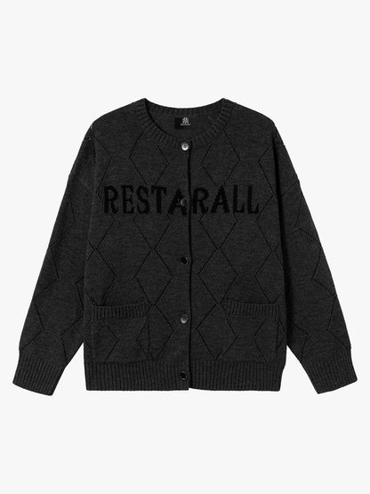 Mustard Yellow Knit Cardigan with Diamond Pattern and Bold Lettering 