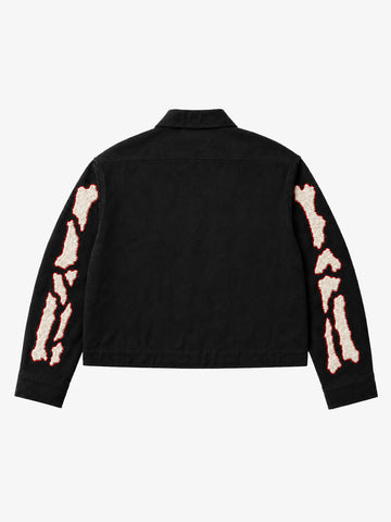 Skull Terry Embroidered Distressed Cropped Work Jacket
