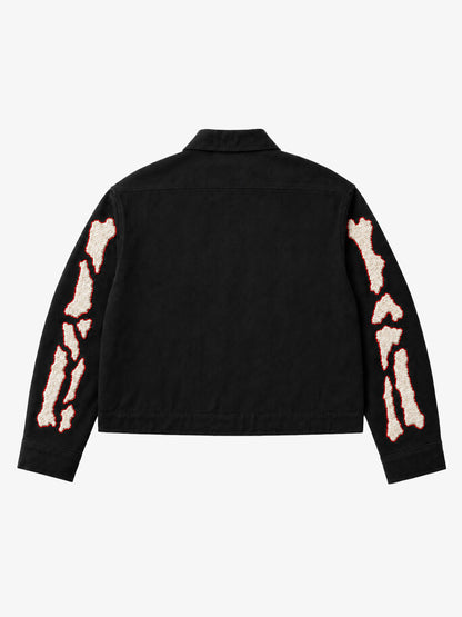 Skull Terry Embroidered Distressed Cropped Work Jacket