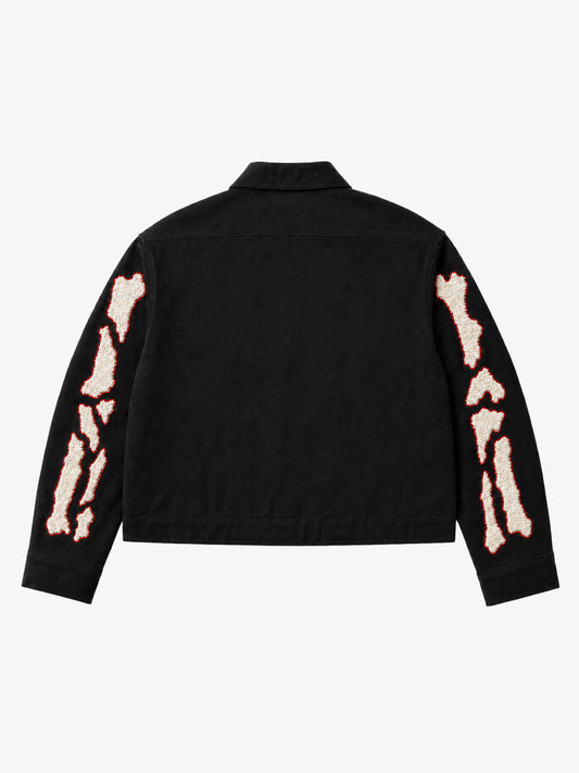 Skull Terry Embroidered Distressed Cropped Work Jacket