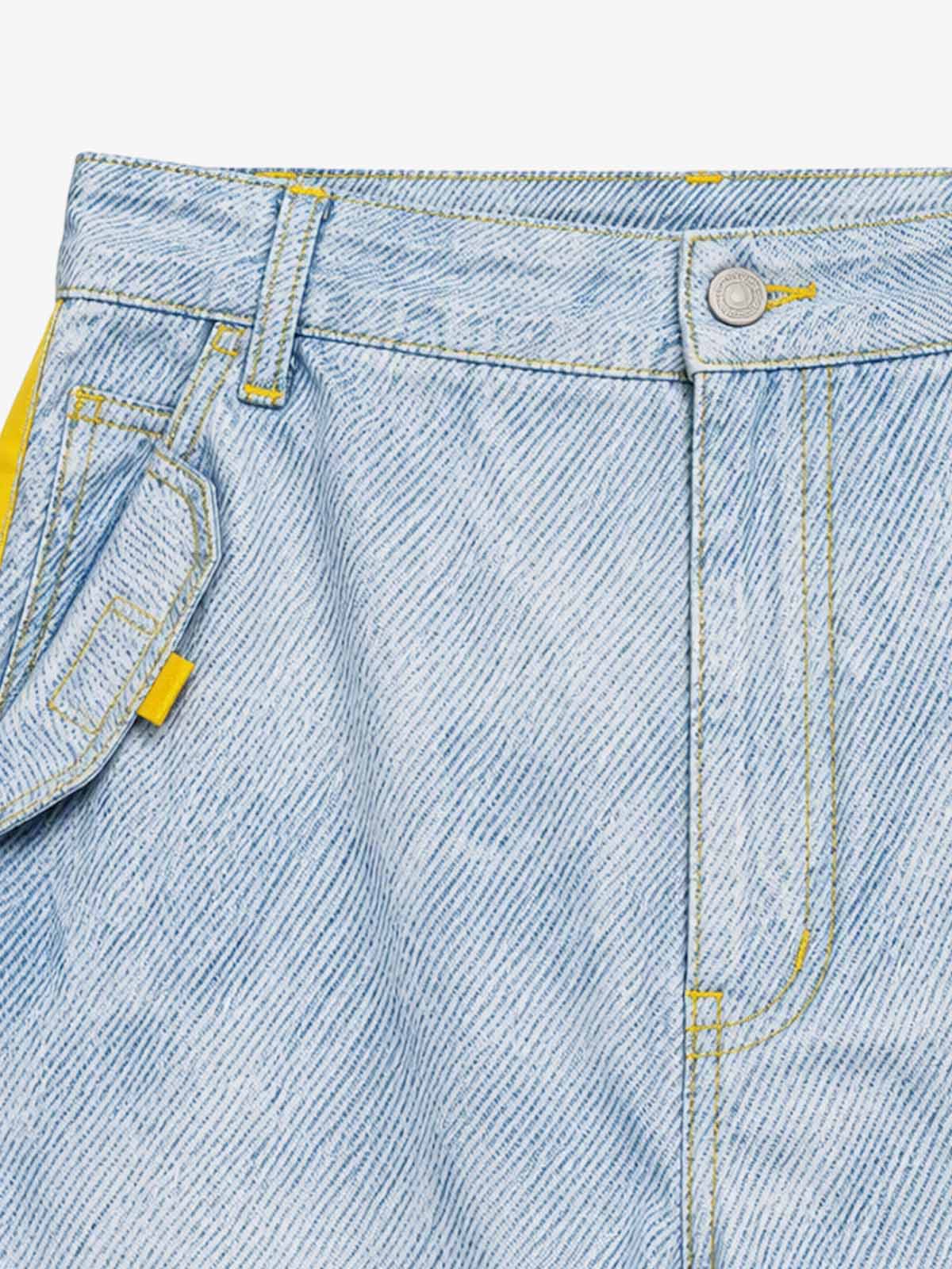 Yellow-Stripe Multi-Pocket Washed Cargo Jeans
