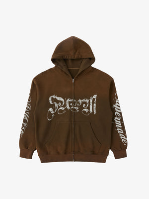 Supermade Vintage Distressed Studded Gothic Font Zipper Sweatshirt 