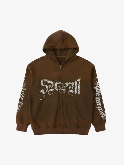 Supermade Vintage Distressed Studded Gothic Font Zipper Sweatshirt 