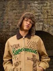 Supermade “Your God Is Not Here” Slogan Print Color-Blocked Embroidered Retro Canvas Jacket 