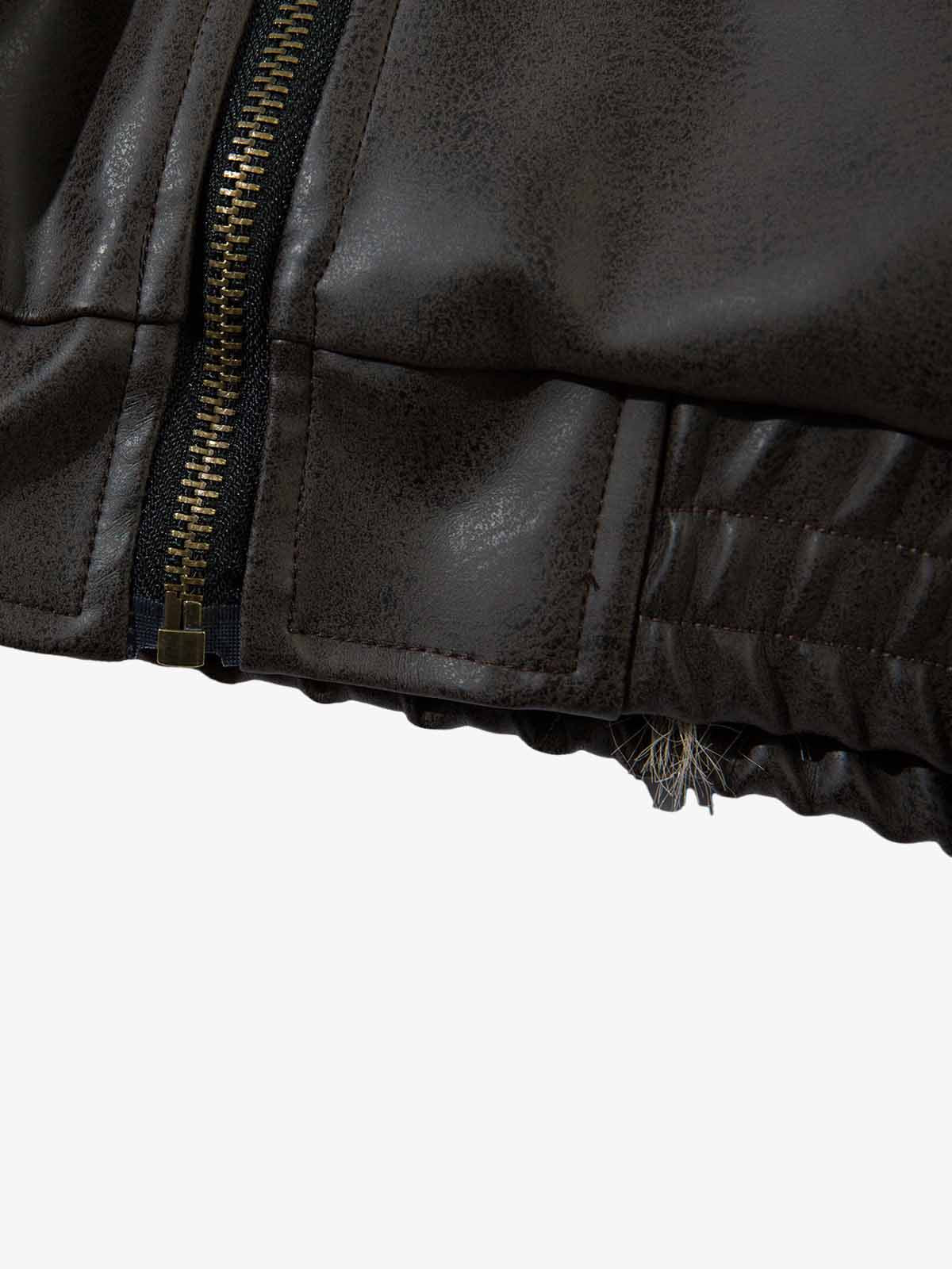 Vintage Faux Fur Hood Lined PU Zip Up Bomber Jacket 