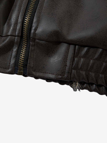 Vintage Faux Fur Hood Lined PU Zip Up Bomber Jacket 