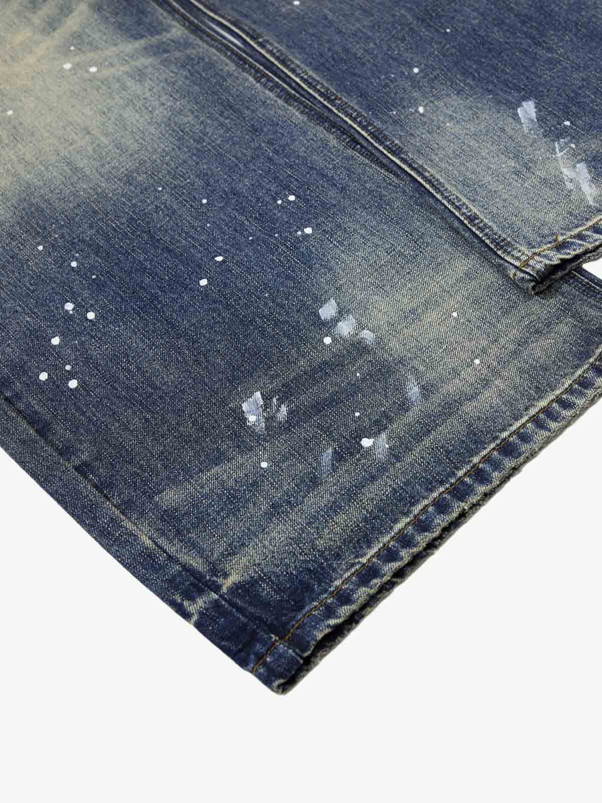 Washed Paint-Splatter Pleated Wide-Leg Barrel Jeans 