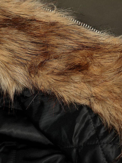Thesupermade American Street Zipper Design Mountain Carved Fur Collar Quilted Cotton Jacket 