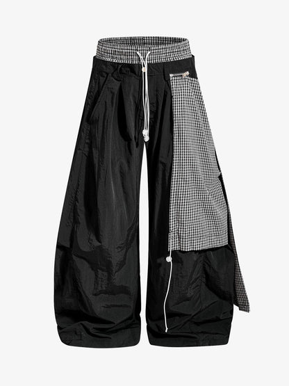 Navy Blue Polyamide Oversized Wide-Leg Trousers with Plaid Panel & Drawstring Waist – Lightweight, Breathable, Streetwear Style