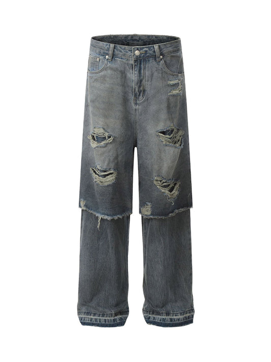 Retro Distressed Faux Two-Piece Ripped Jeans 