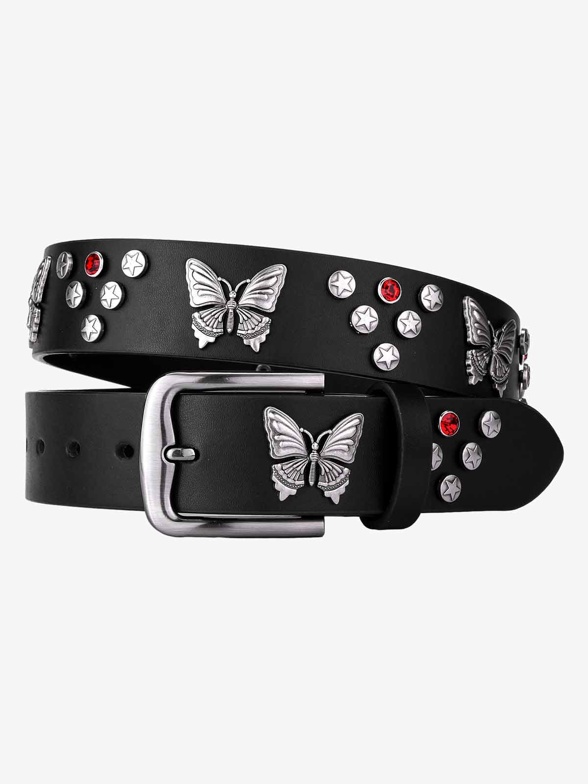 Stylish Butterfly-Embellished Belt with Star Studs and Red Crystals 