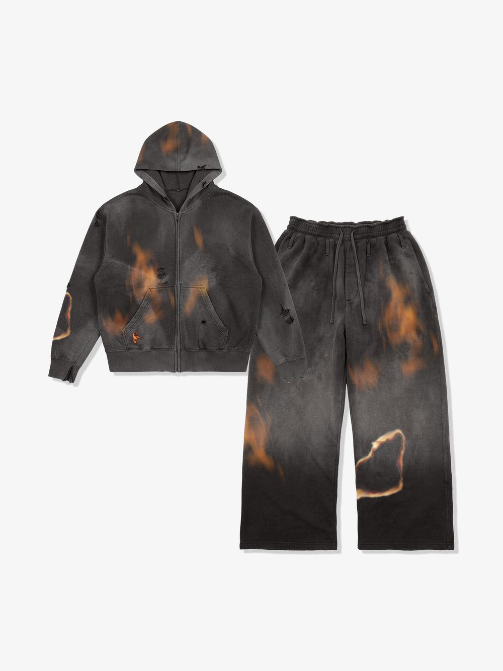 Flame-Wash Distressed Zip Hoodie & Wide-Leg Sweatpants Set