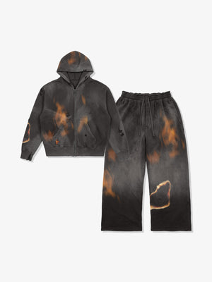 Flame-Wash Distressed Zip Hoodie & Wide-Leg Sweatpants Set