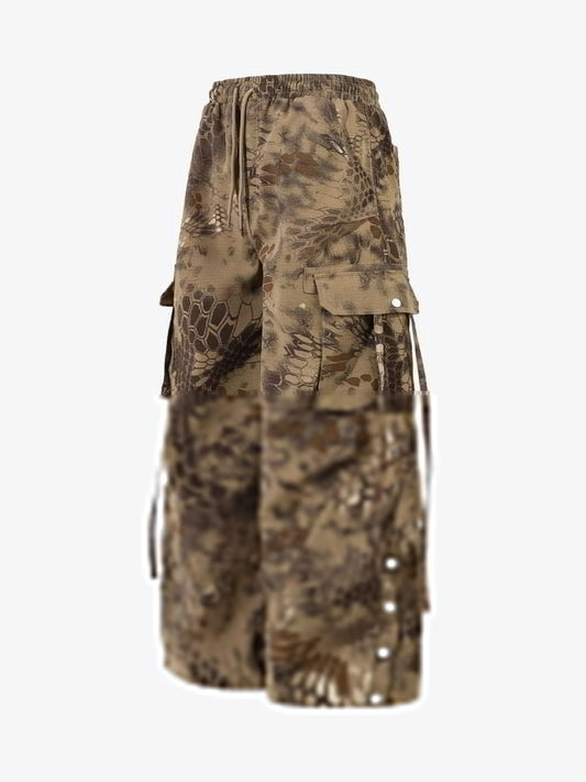 Camouflage Cargo Culottes with Adjustable Drawstring and Side Slits 