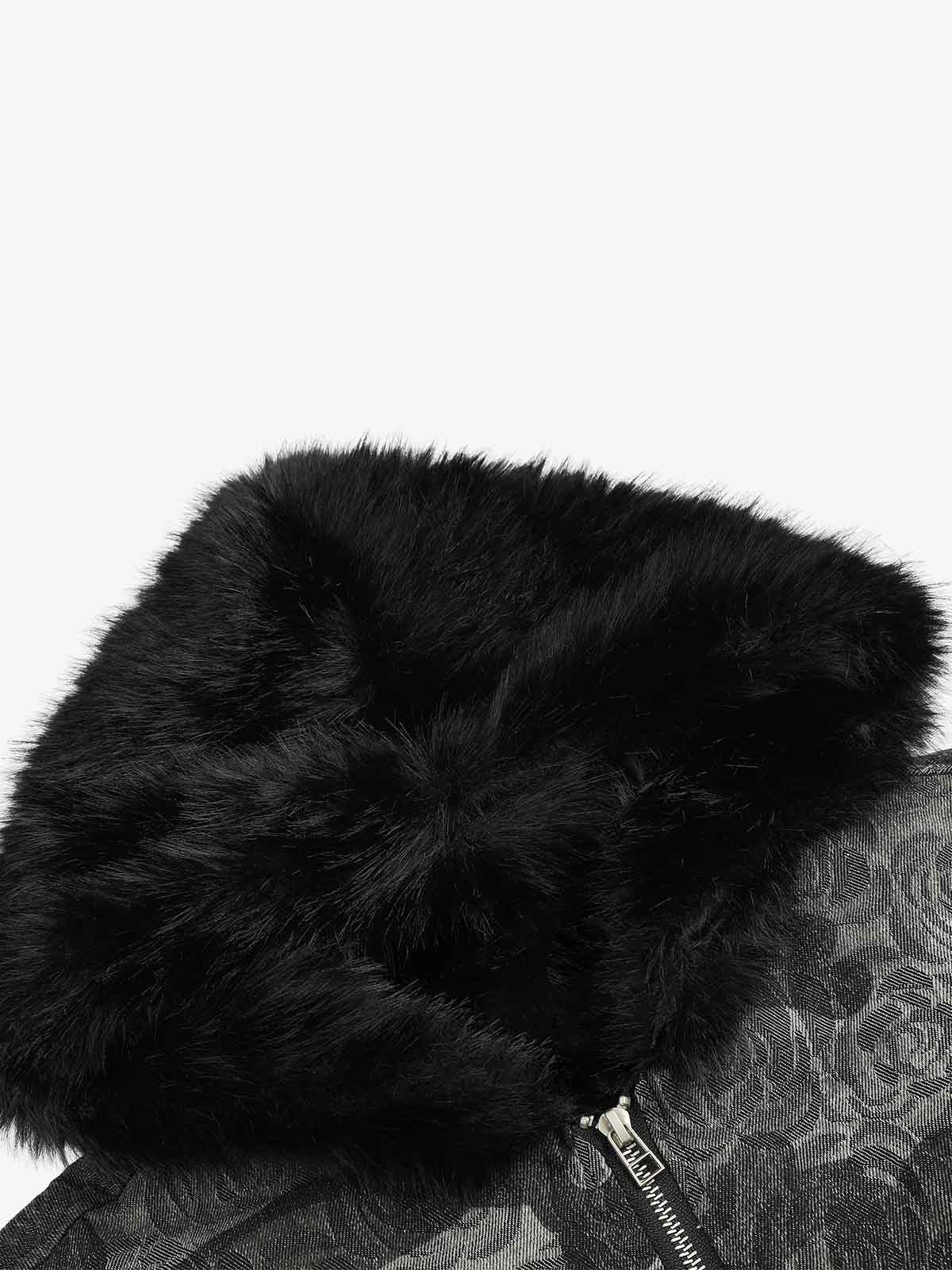 Floral Camo Faux-Fur Collar Padded Bomber Coat