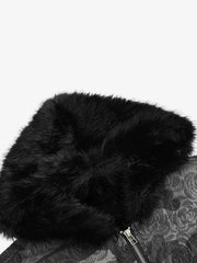 Floral Camo Faux-Fur Collar Padded Bomber Coat