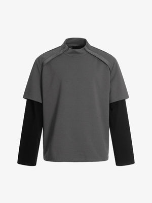 Performance Stretch Knit Long Sleeve T-Shirt with Mock Neck and Contrast Sleeves 