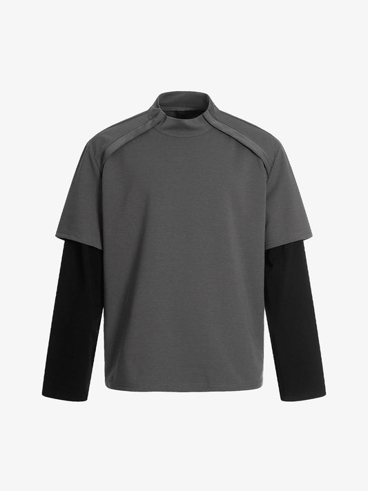 Performance Stretch Knit Long Sleeve T-Shirt with Mock Neck and Contrast Sleeves 