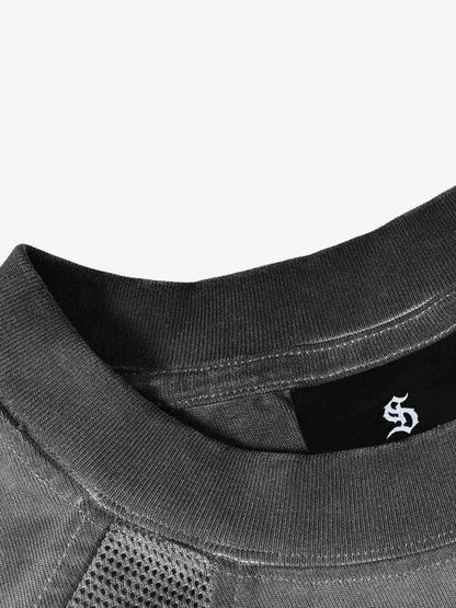 Cotton Blend Oversized Mesh Panel T-Shirt with Crew Neck 