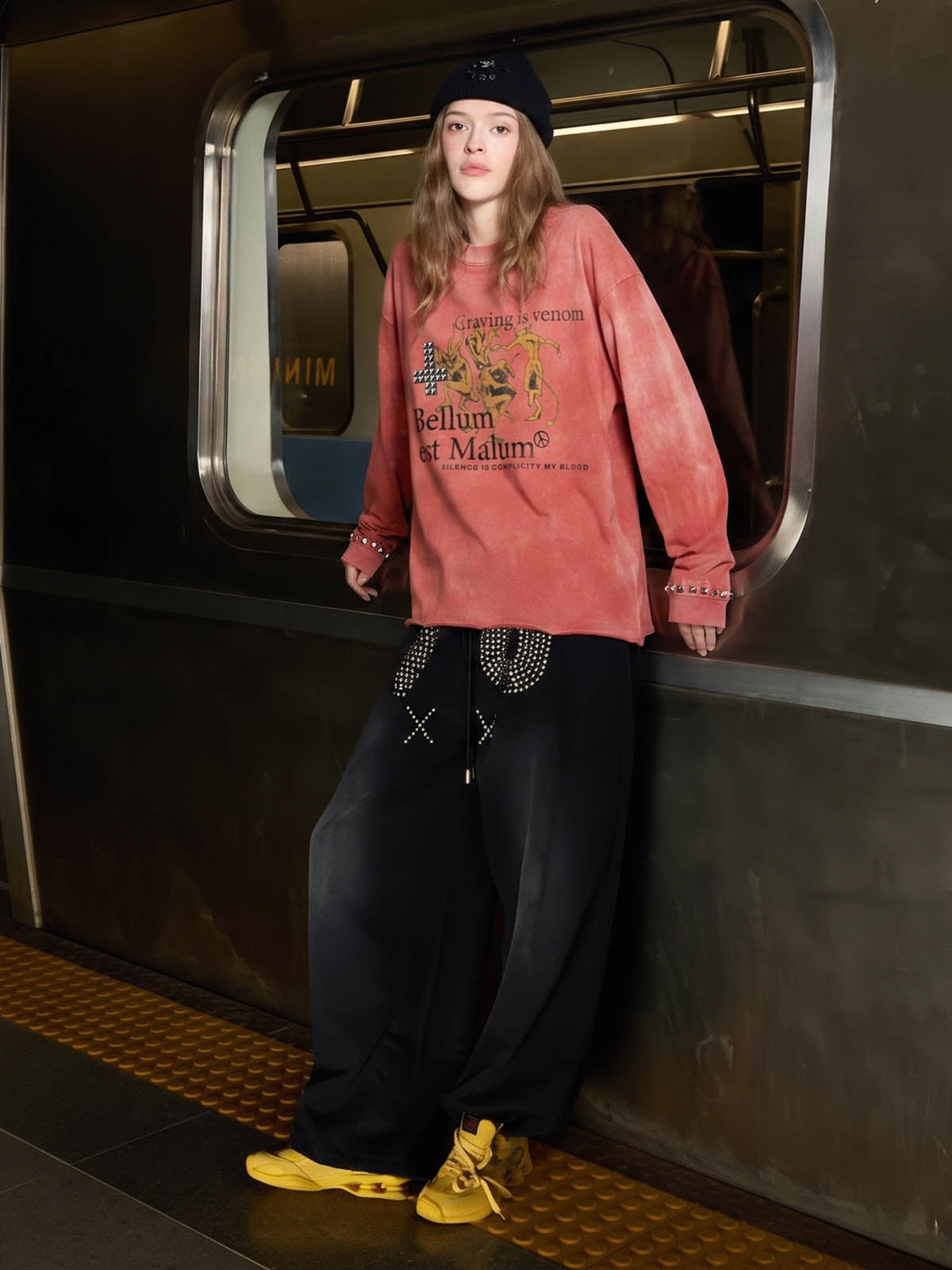 Devil Graphic Studded Garment-Washed Long Sleeve Top