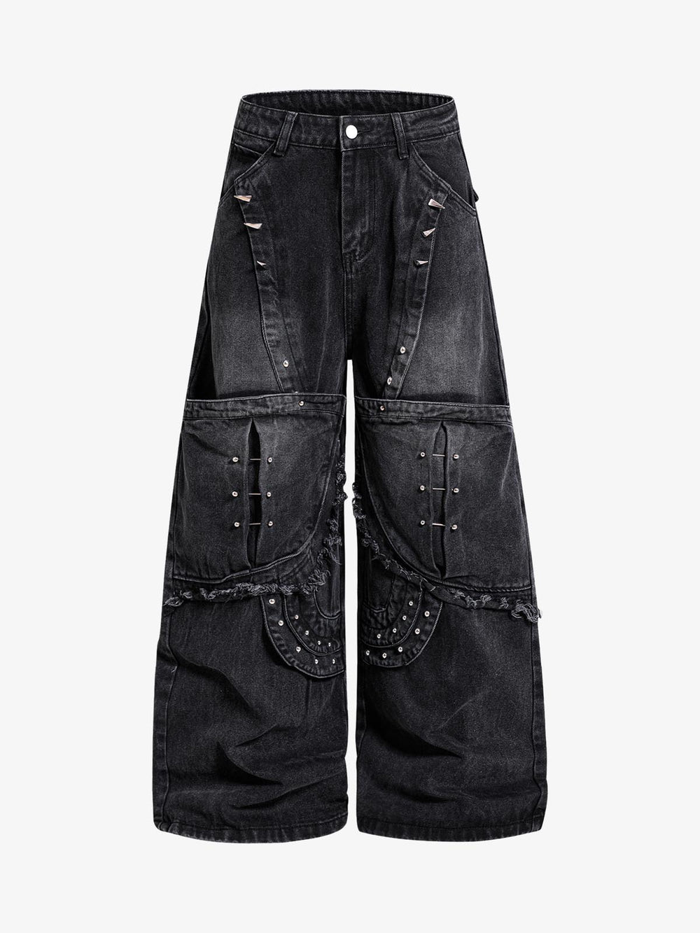 Pantalones vaqueros de mezclilla oscura con tachuelas plateadas – Jeans de corte relajado estilo streetwear