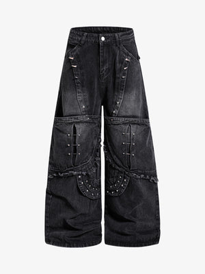 Dark Wash Denim Pants with Silver Studs – Relaxed Fit Streetwear Jeans