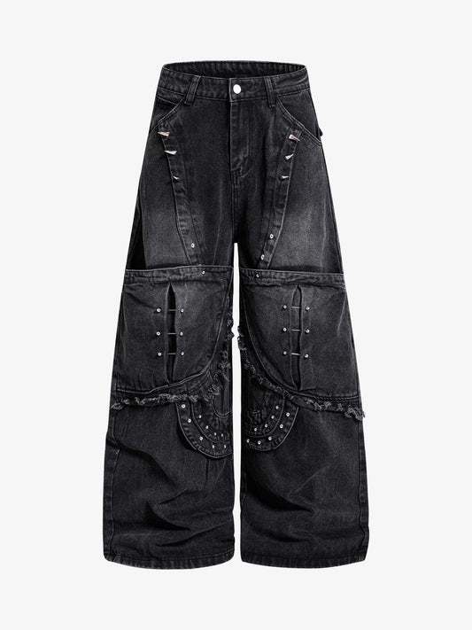 Dark Wash Denim Pants with Silver Studs – Relaxed Fit Streetwear Jeans